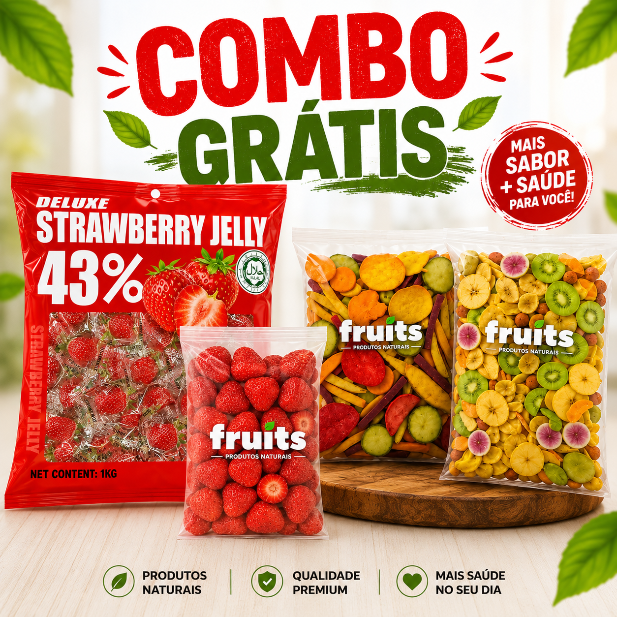 COMBO EXCLUSIVO - Mix de Frutas, Mix de Vegetais, Morangos Liofilizados e Gummy de Morango - 500g