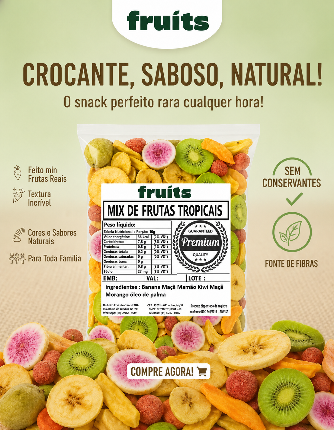 Mix de Frutas Tropicais Natural - Banana, Jaca, Mamão, Kiwi, Maçã e Morango – Snack Crocante Saudável
